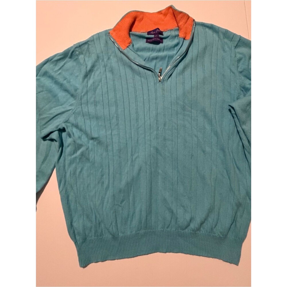 Alan Flusser Turquoise Quarter-Zip Sweater with Orange Collar-XXL